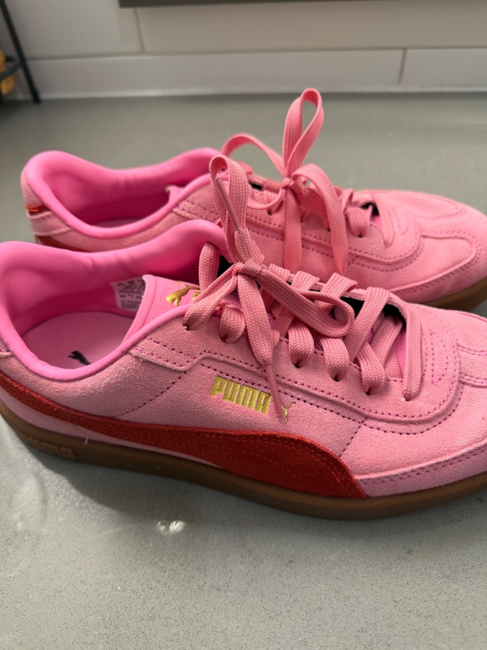 Puma Pink Suede Sneakers with Red Stripe- *worn once *